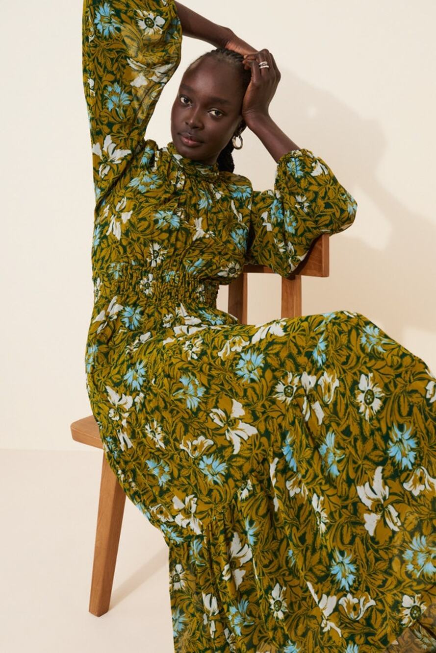 New Anthropologie Somerset Long-Sleeve Mock-Neck Chiffon Maxi Dress $178 Large